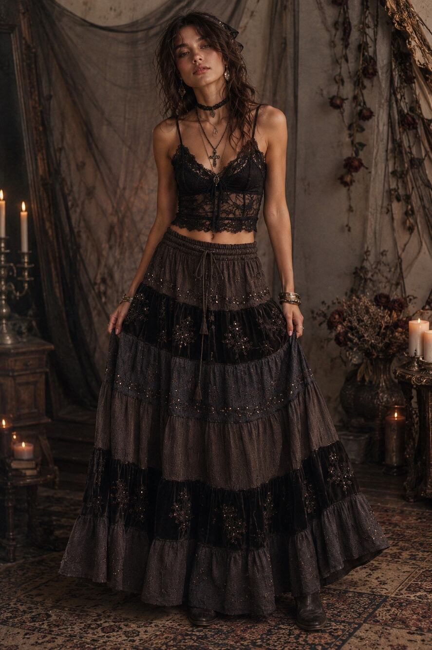 Boho Magic Tiered Maxi Skirt Brown Small Renaissance Y2K Whimsy Fairy Gypsy